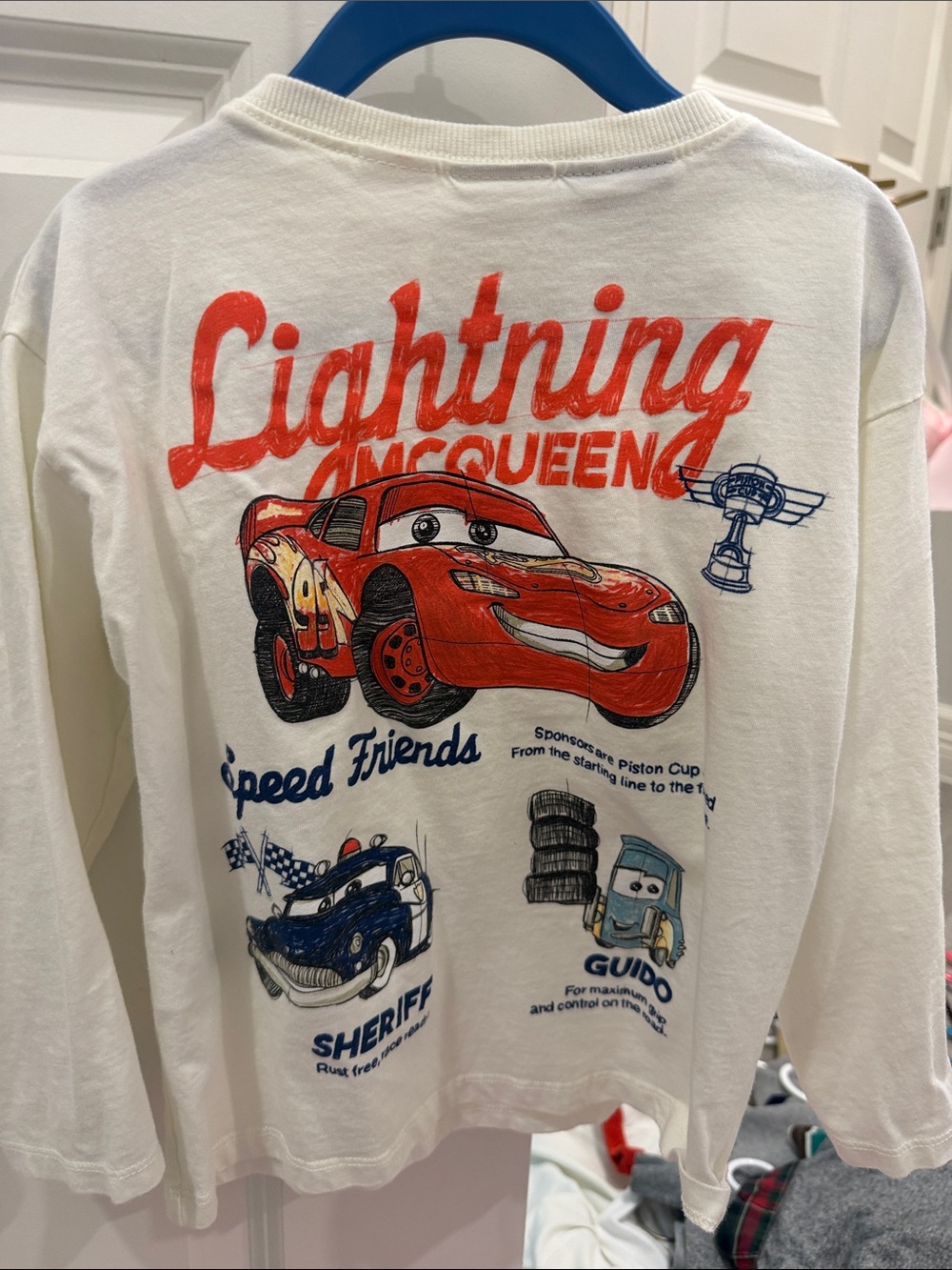 Zara White Long Sleeve Tee with Red & Blue Lightning McQueen Graphic